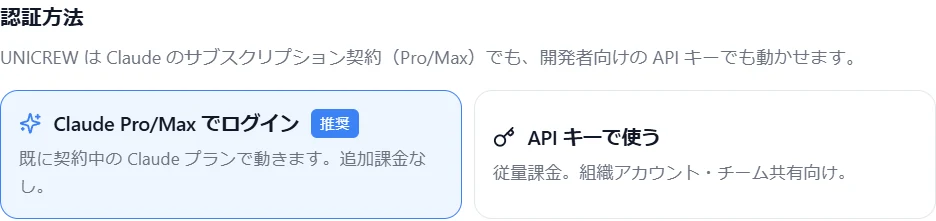 UNICREWの設定の認証方法。「UNICREW は Claude のサブスクリプション契約（Pro/Max）でも、開発者向けの API キーでも動かせます」の下に、「Claude Pro/Max でログイン（推奨）＝既に契約中の Claude プランで動きます。追加課金なし。」と「API キーで使う＝従量課金。組織アカウント・チーム共有向け。」の2枚のカードが並んでいる