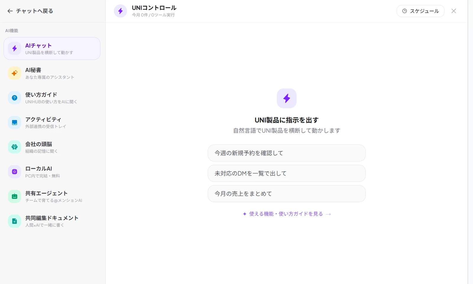 UNIHUBのAI機能一覧。AIチャット・AI秘書・使い方ガイド・アクティビティ・会社の頭脳・ローカルAI・共有エージェント・共同編集ドキュメントが左に並び、右に「UNI製品に指示を出す」の例が3つ出ている