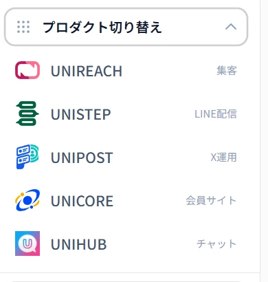 UNIDESKのサイドバーで開いた「プロダクト切り替え」メニュー。UNIREACH(集客)・UNISTEP(LINE配信)・UNIPOST(X運用)・UNICORE(会員サイト)・UNIHUB(チャット)が縦に並んでいる
